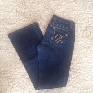Y2k bebe logo dark wash low rise boot cut flare distressed jeans
